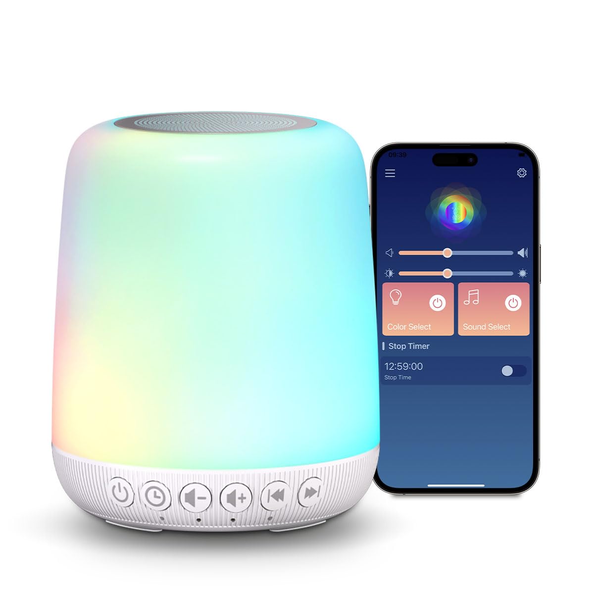 Easysleep White Noise Sound Machine — 30 Sounds, 12 Night Light Colors, App & Touch Control