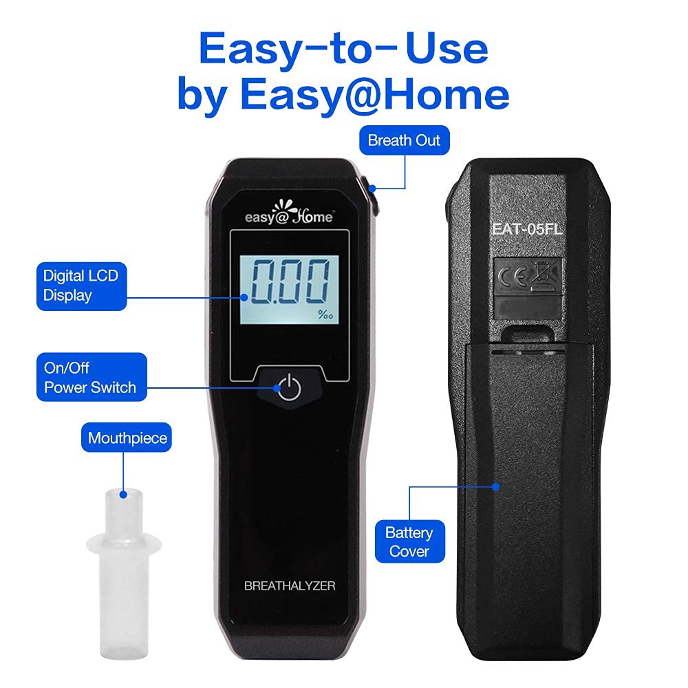 Easy@Home Breathalyzer – Pro-Grade Portable Fuel Cell Alcohol Tester (5 Mouthpieces)