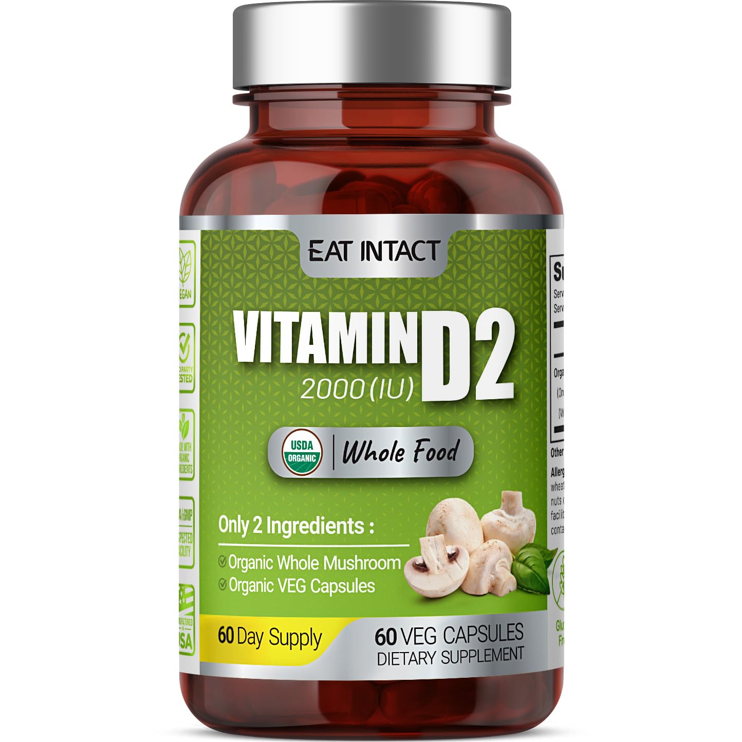 EAT INTACT Vegan Vitamin D 2000 IU | Organic Whole Mushroom, Two-Ingredient