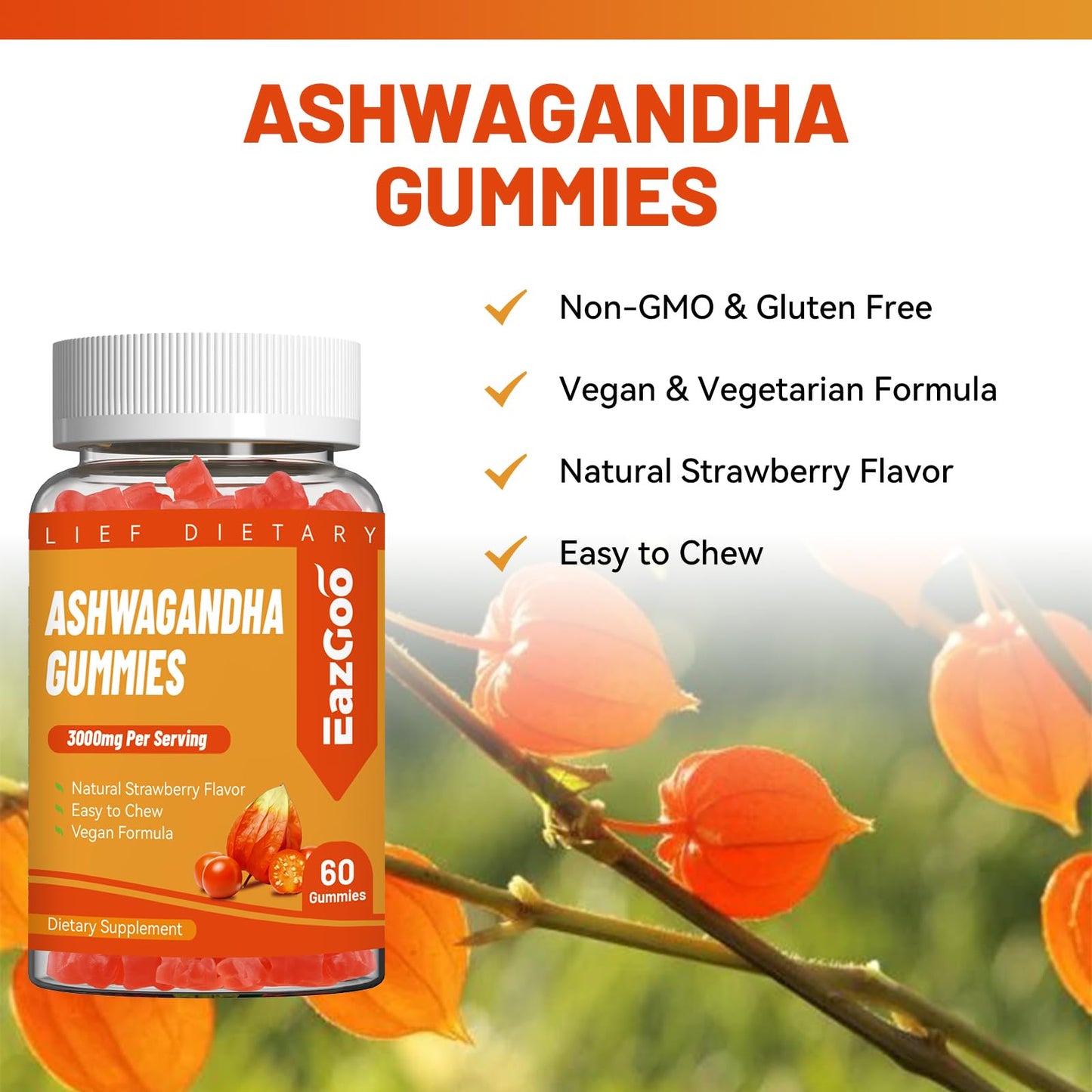 EAZGOO Ashwagandha Gummies & Vitamin D3 – 3000mg Extra Strength Ashwagandha, Strawberry Flavor, 60 Count