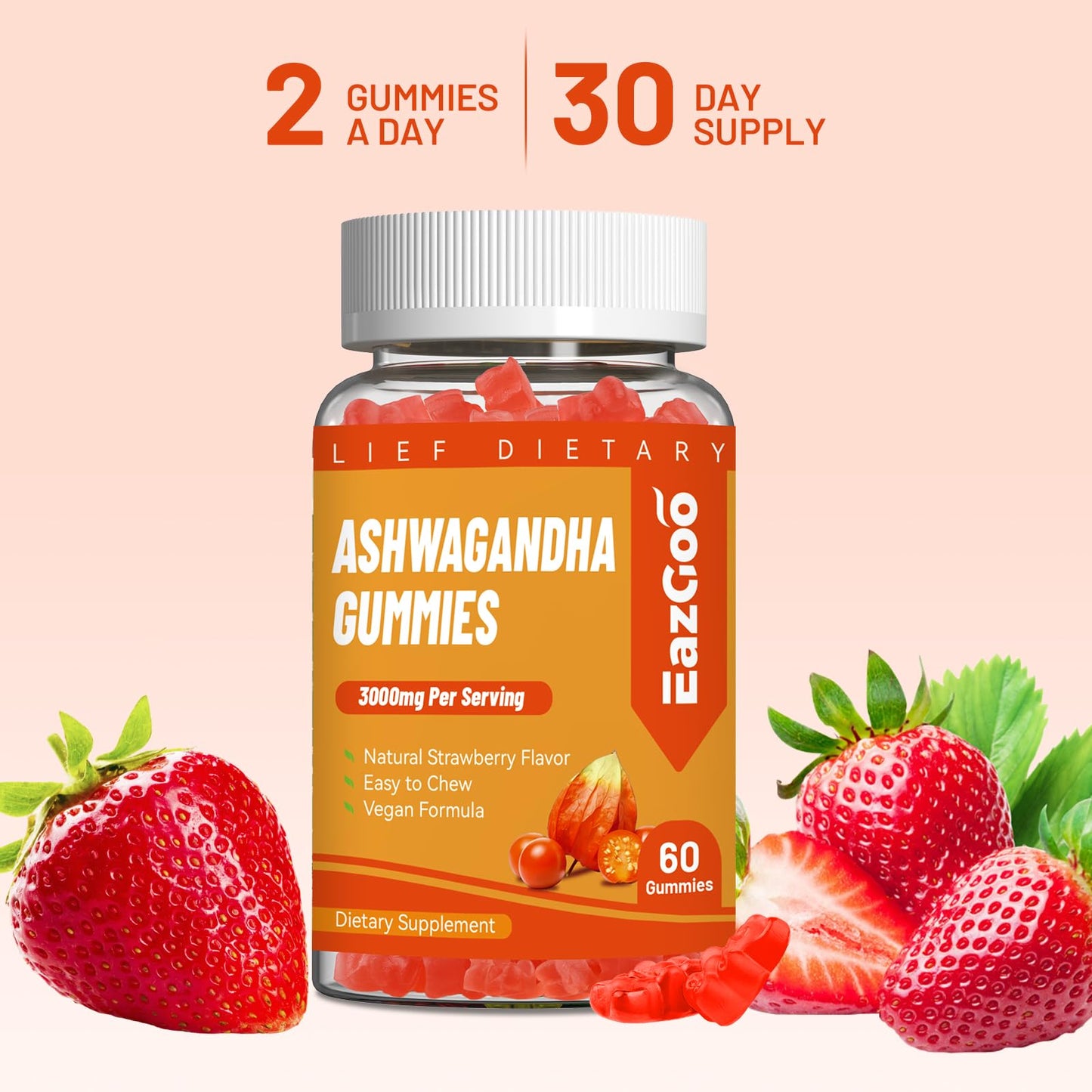 EAZGOO Ashwagandha Gummies & Vitamin D3 – 3000mg Extra Strength Ashwagandha, Strawberry Flavor, 60 Count