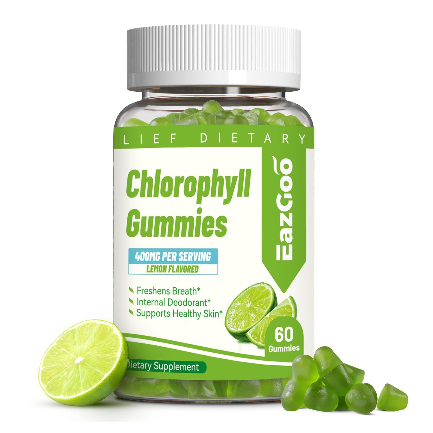 EAZGOO Chlorophyll Gummies – Sugar-Free Immune Support & Body Odor Deodorant (Lemon) 60 Count