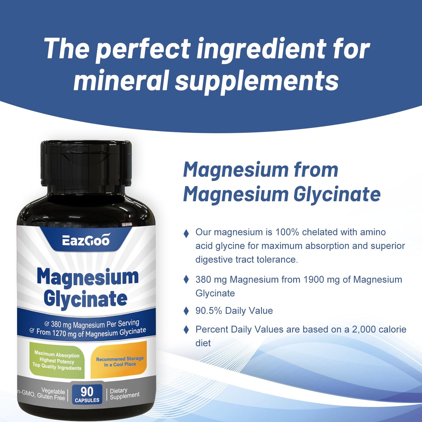 EAZGOO Magnesium Glycinate Capsules 1270mg - High Absorption, 90 Caps