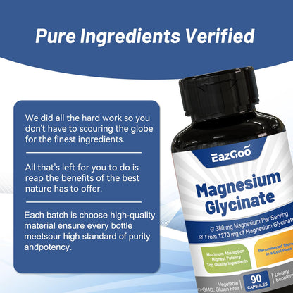 EAZGOO Magnesium Glycinate Capsules 1270mg - High Absorption, 90 Caps