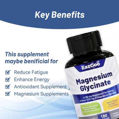 EAZGOO Magnesium Glycinate Capsules – High-Absorption, Non-GMO, Gluten-Free, 180 Capsules