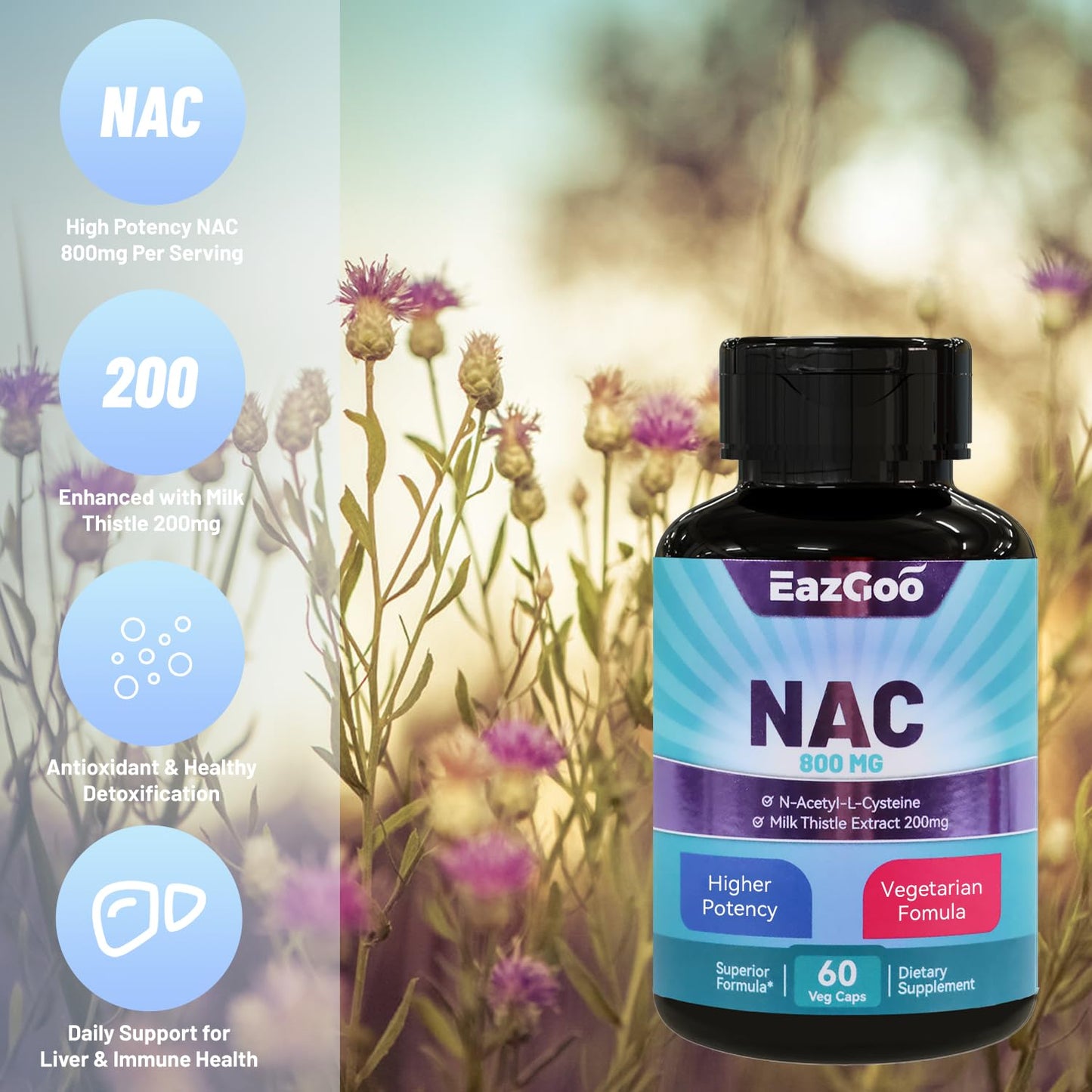 EAZGOO NAC 800mg + Milk Thistle 200mg - 60 Caps | Non-GMO, Gluten Free