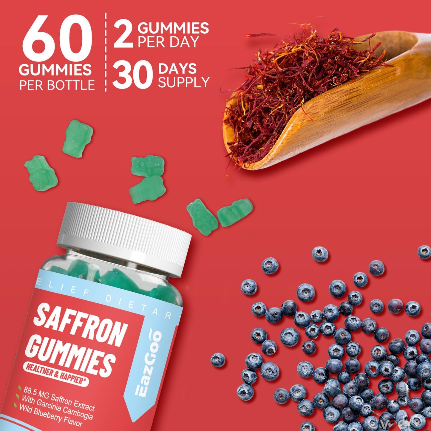EAZGOO Saffron Gummies – Mood & Energy Support with Rhodiola, 60 Gummies