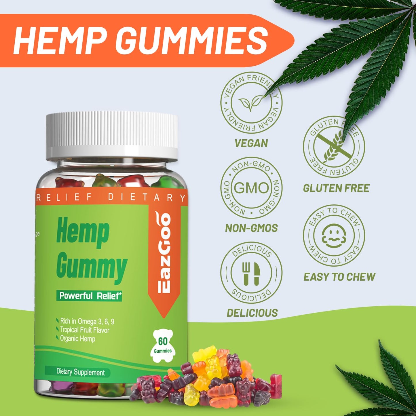 EAZGOO XXL Hemp Gummies – Hemp Oil, Vegan, Low Sugar | 180 Count