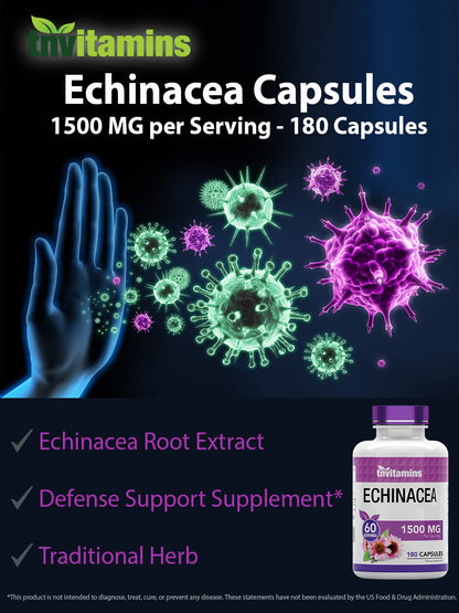 TNVitamins Echinacea Capsules | 1500 mg per Serving, 180 Capsules | USA Made | Pack of 2