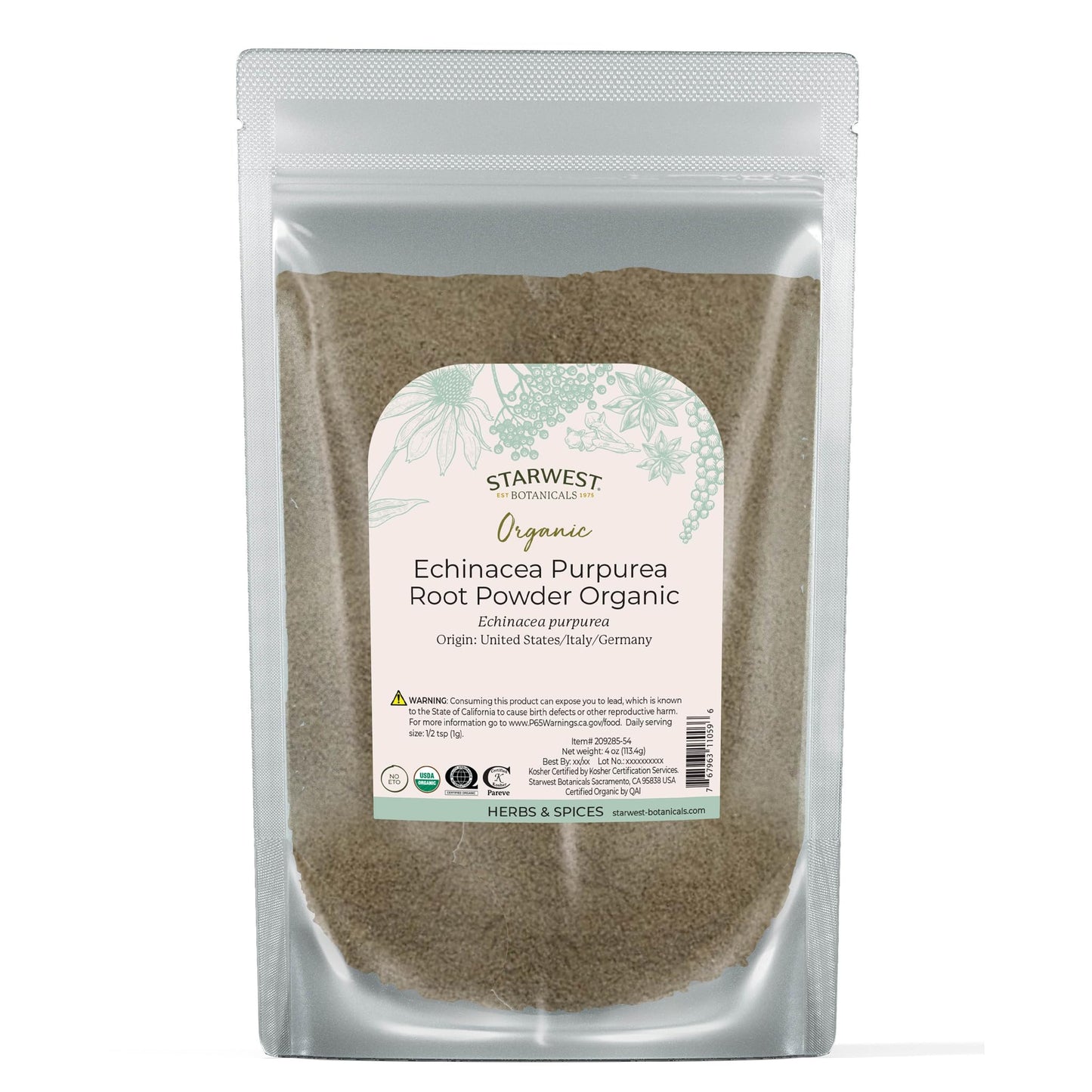 Starwest Botanicals Organic Echinacea Purpurea Root Powder – 4 oz Pouch | Kosher, Non-GMO