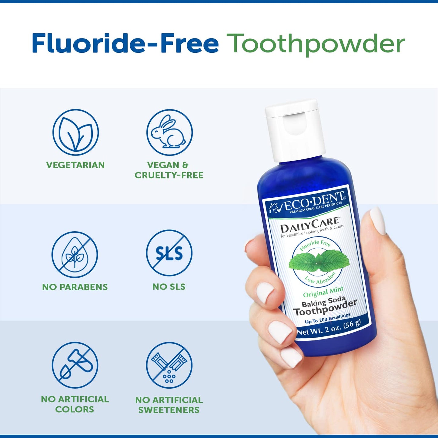 Eco-Dent DailyCare Baking Soda Toothpowder, Mint – Fluoride-Free & SLS-Free, 3 x 2 oz