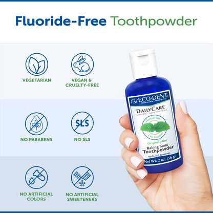 Eco-Dent DailyCare Baking Soda Toothpowder, Mint – Fluoride-Free & SLS-Free, 3 x 2 oz