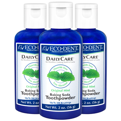 Eco-Dent DailyCare Baking Soda Toothpowder, Mint – Fluoride-Free & SLS-Free, 3 x 2 oz
