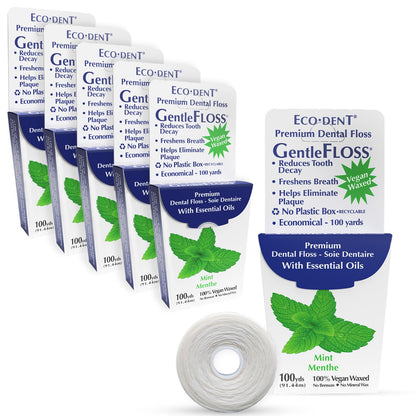 Eco-Dent GentleFloss Mint Dental Floss – Vegan Wax, 100 Yds, Pack of 6