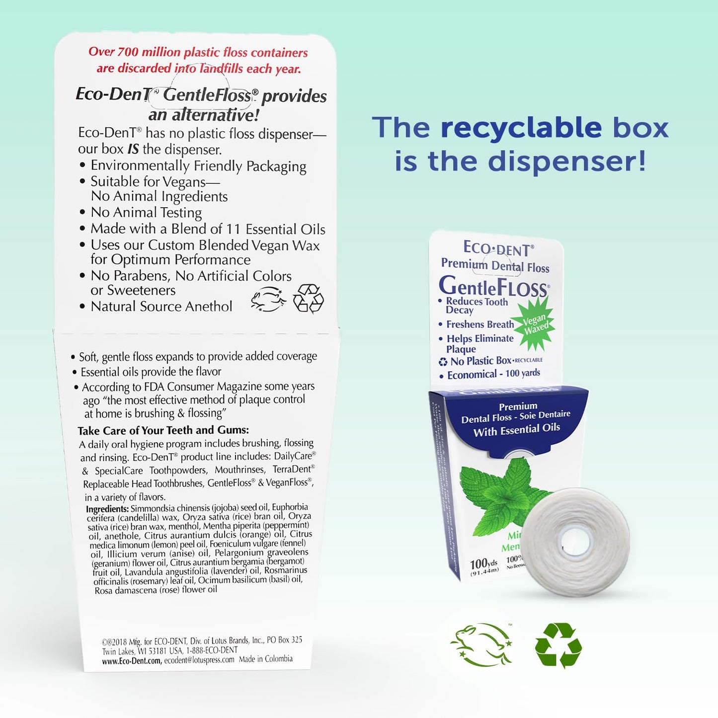 Eco-Dent GentleFloss Dental Floss – Waxed Mint, 100 Yds + DailyRinse Pack