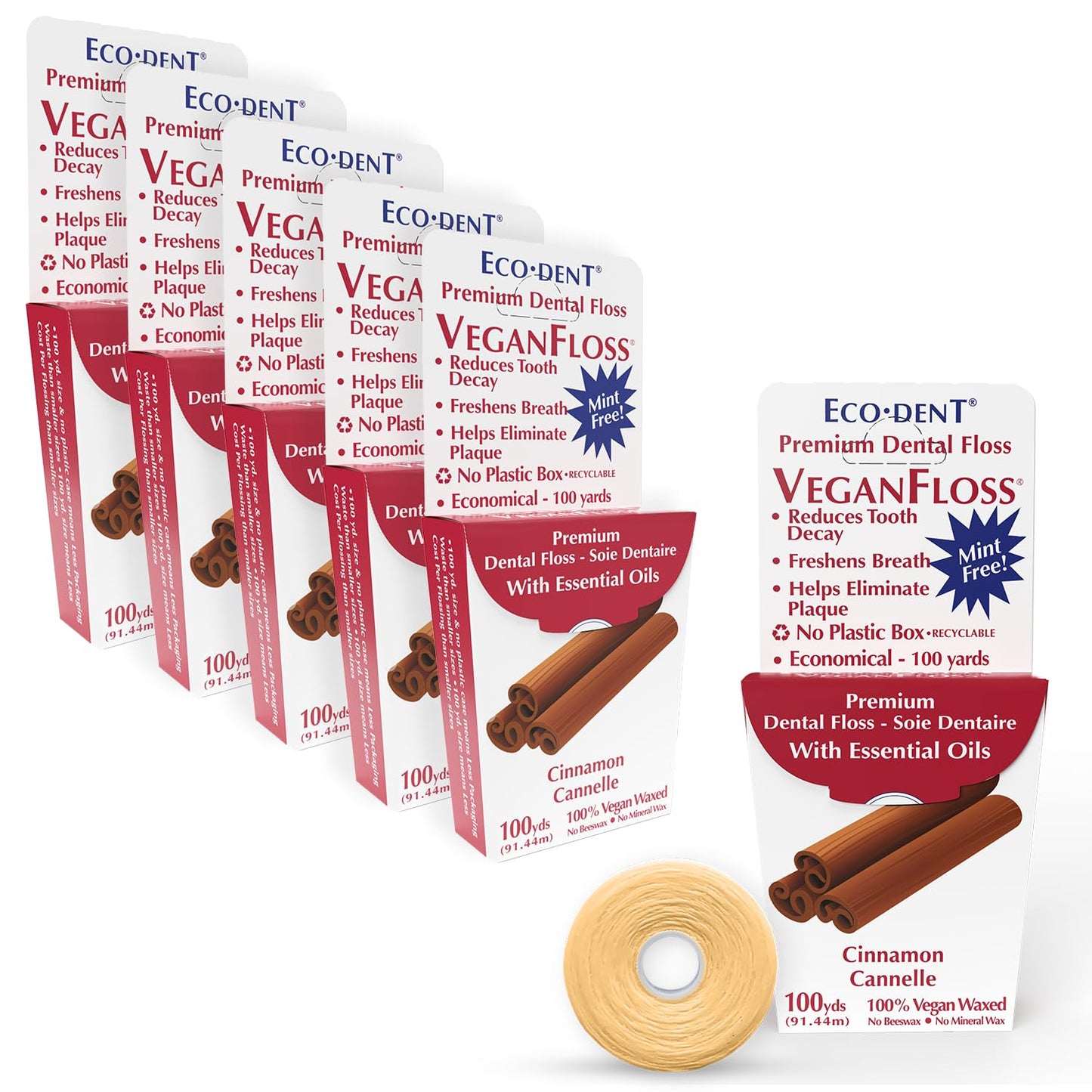 Eco-Dent VeganFloss Dental Floss - Cinnamon Waxed, Plant-Based Wax, 100 Yds (Pack of 6)