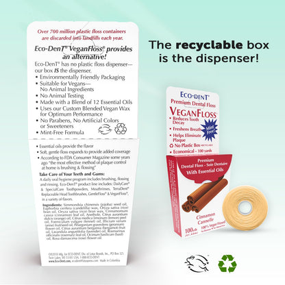 Eco-Dent VeganFloss Dental Floss - Cinnamon Waxed, Plant-Based Wax, 100 Yds (Pack of 6)