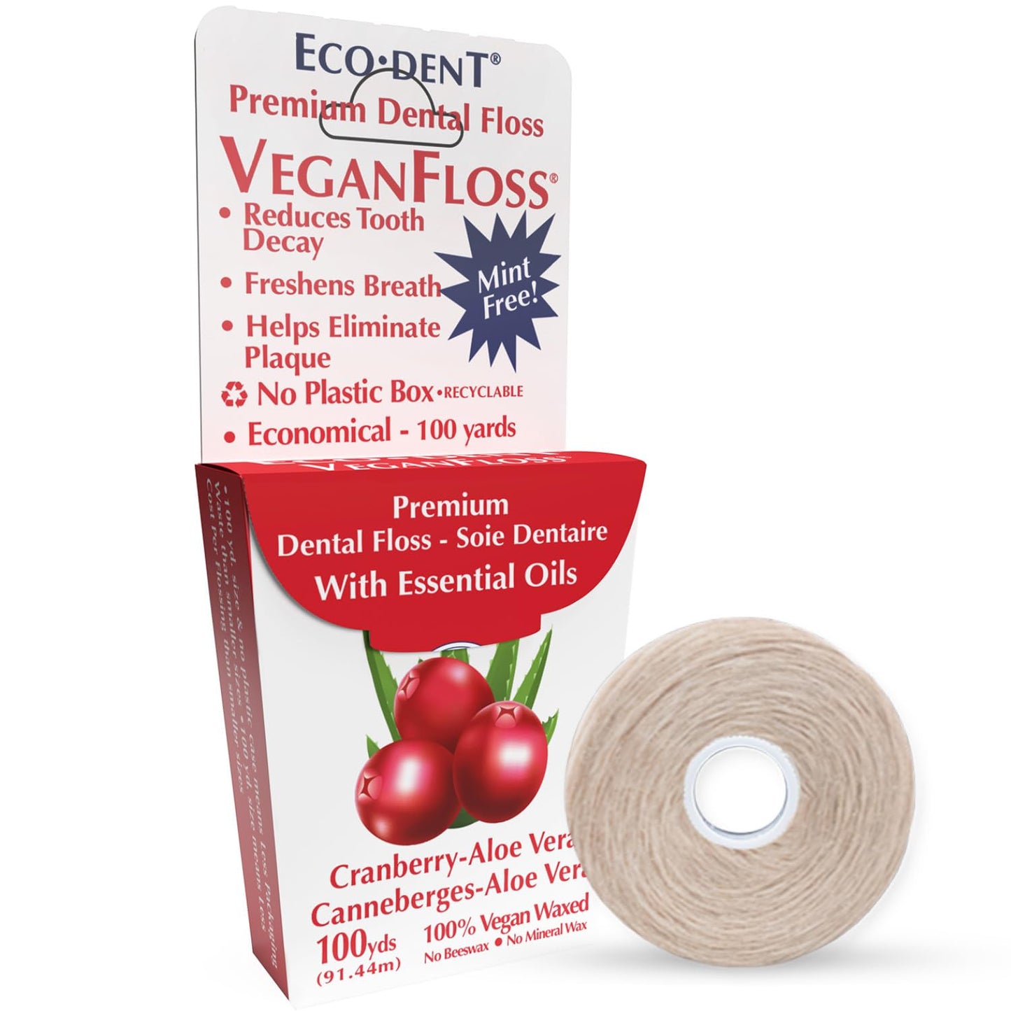 Eco-Dent VeganFloss - Waxed Cranberry-Aloe Floss with DailyRinse, 100 Yds