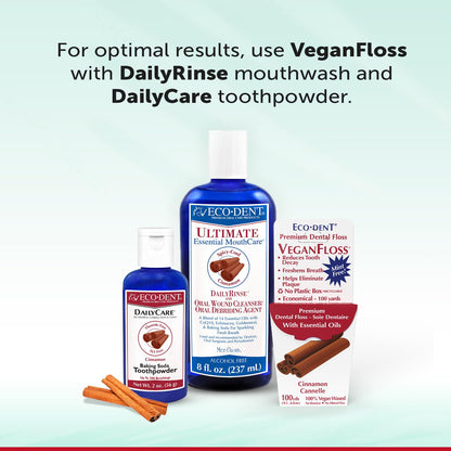 Eco-Dent VeganFloss Dental Floss - Cinnamon Waxed, Plant-Based Wax, 100 Yds (Pack of 6)
