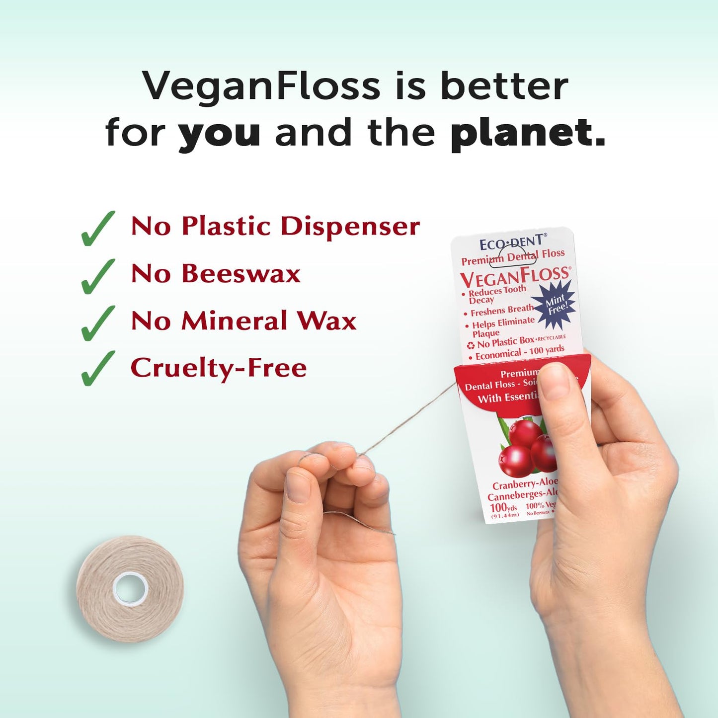 Eco-Dent VeganFloss - Waxed Cranberry-Aloe Floss with DailyRinse, 100 Yds