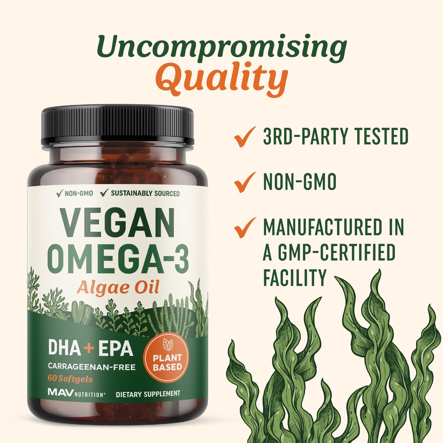 Vegan Omega-3 Algae Oil – Plant-Based DHA EPA | Sustainably Sourced | 60 Softgels