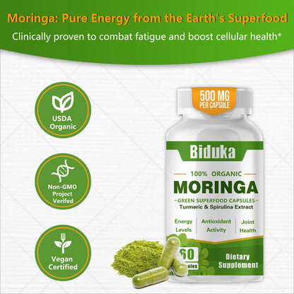 Organic Moringa Capsules 1000mg | Antioxidant Superfood for Energy, Metabolism & Immune Support – Vegan, Non-GMO (60 Caps)