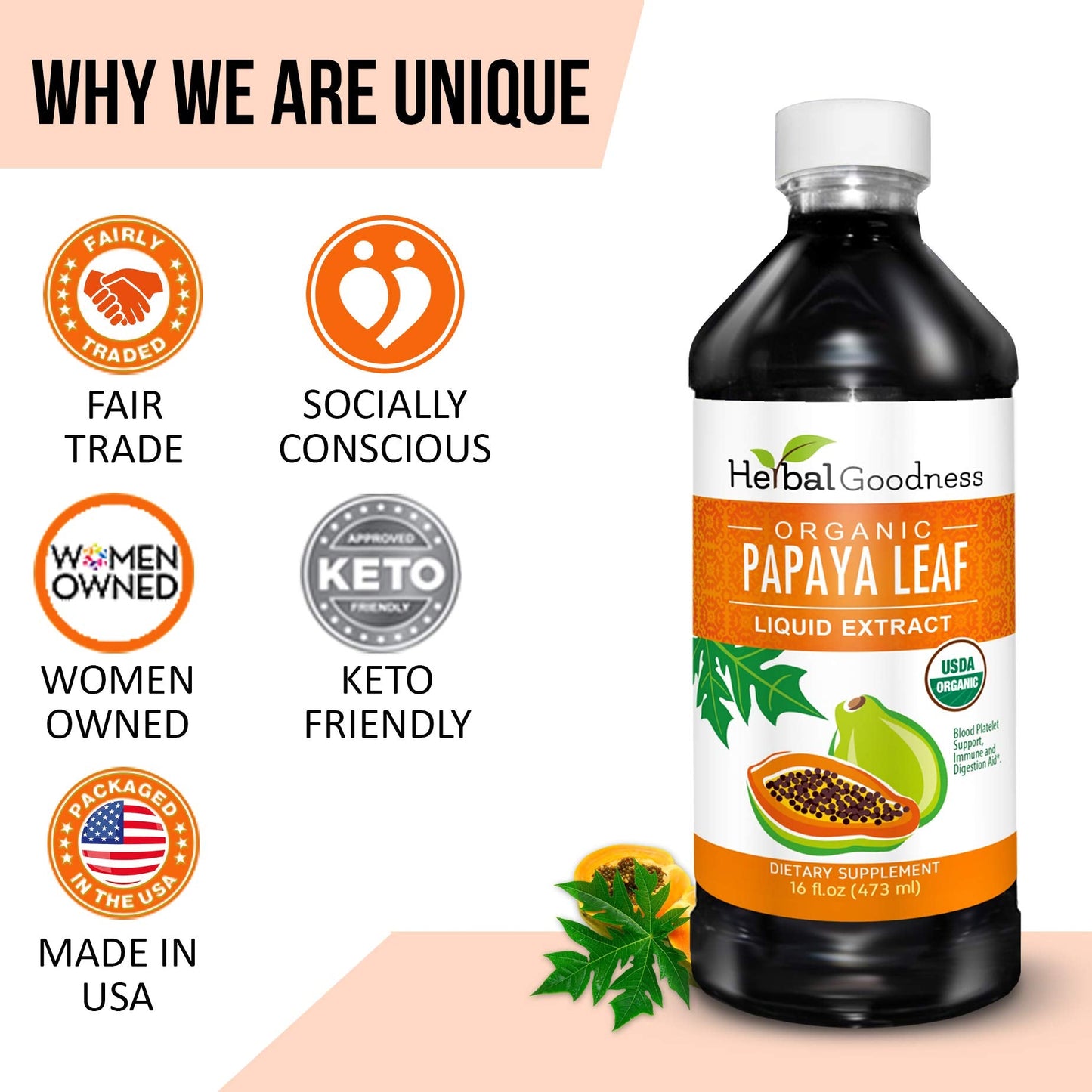 Herbal Goodness Papaya Leaf Extract 15X Platelet Support – Organic 16 oz Liquid