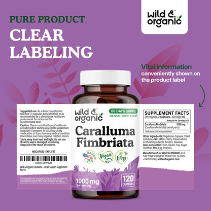 Wild & Organic Caralluma Fimbriata Capsules 1000 mg – Vegan, No Fillers | 120 Count