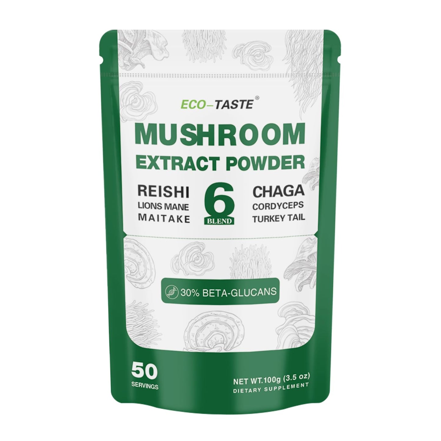 Eco-Taste 6 Blend Mushroom Powder - 30% Beta-D-Glucan - Lions Mane, Reishi, Cordyceps, Chaga, Turkey Tail, Maitake - Fruiting Body Extract 100g