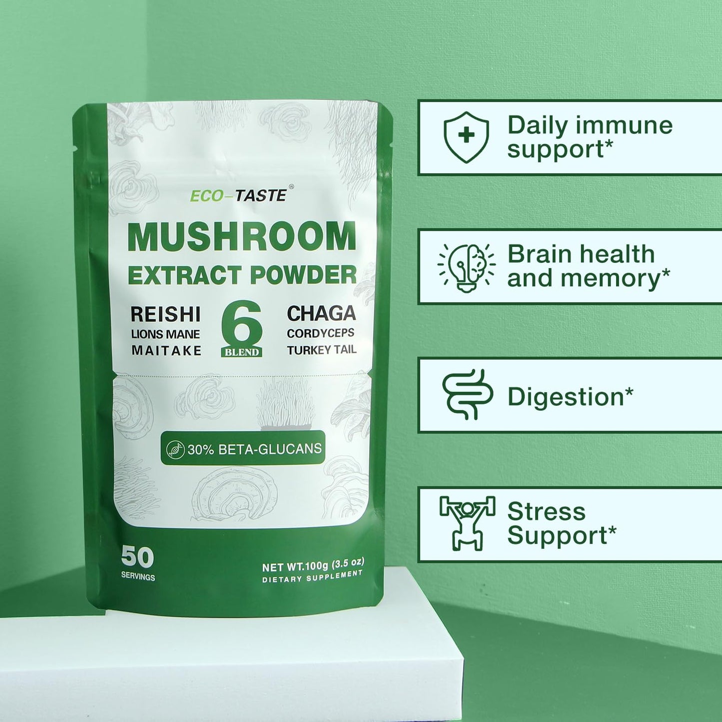 Eco-Taste 6 Blend Mushroom Powder - 30% Beta-D-Glucan - Lions Mane, Reishi, Cordyceps, Chaga, Turkey Tail, Maitake - Fruiting Body Extract 100g