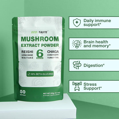 Eco-Taste 6 Blend Mushroom Powder - 30% Beta-D-Glucan - Lions Mane, Reishi, Cordyceps, Chaga, Turkey Tail, Maitake - Fruiting Body Extract 100g