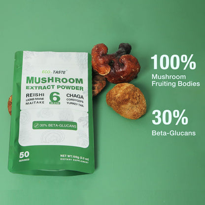 Eco-Taste 6 Blend Mushroom Powder - 30% Beta-D-Glucan - Lions Mane, Reishi, Cordyceps, Chaga, Turkey Tail, Maitake - Fruiting Body Extract 100g