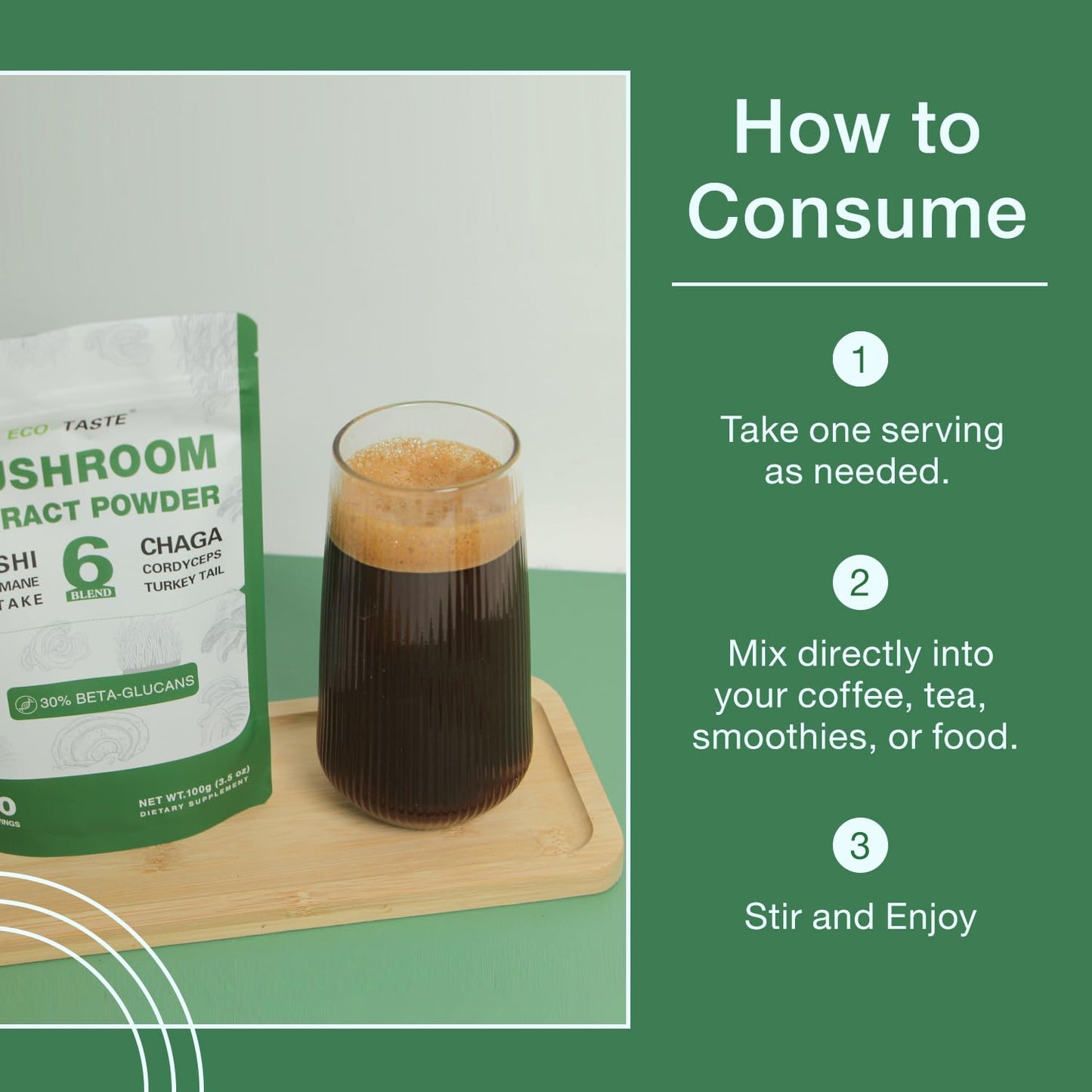 Eco-Taste 6 Blend Mushroom Powder - 30% Beta-D-Glucan - Lions Mane, Reishi, Cordyceps, Chaga, Turkey Tail, Maitake - Fruiting Body Extract 100g