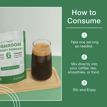 Eco-Taste 6 Blend Mushroom Powder - 30% Beta-D-Glucan - Lions Mane, Reishi, Cordyceps, Chaga, Turkey Tail, Maitake - Fruiting Body Extract 100g