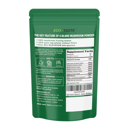 Eco-Taste 6 Blend Mushroom Powder - 30% Beta-D-Glucan - Lions Mane, Reishi, Cordyceps, Chaga, Turkey Tail, Maitake - Fruiting Body Extract 100g