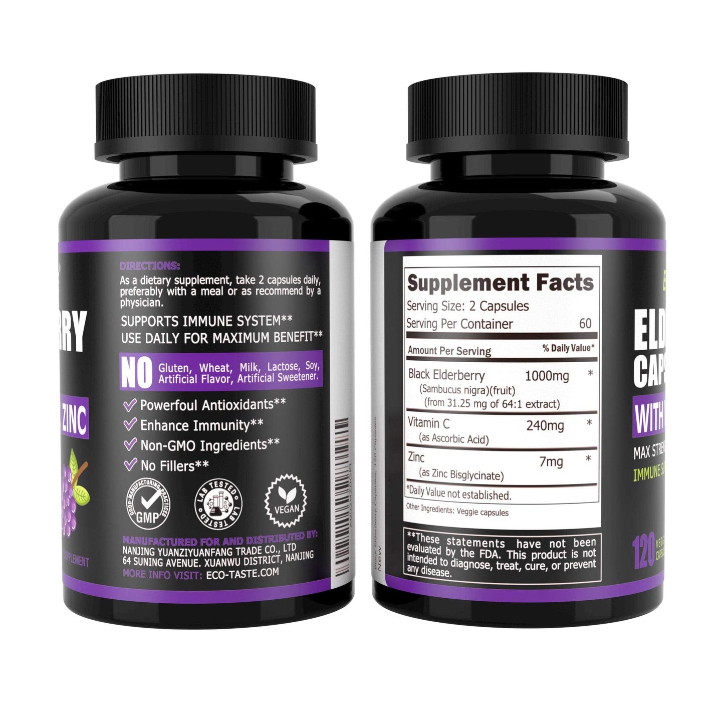 ECO-TASTE Elderberry Capsules with Zinc & Vitamin C | 120 Veggie Caps