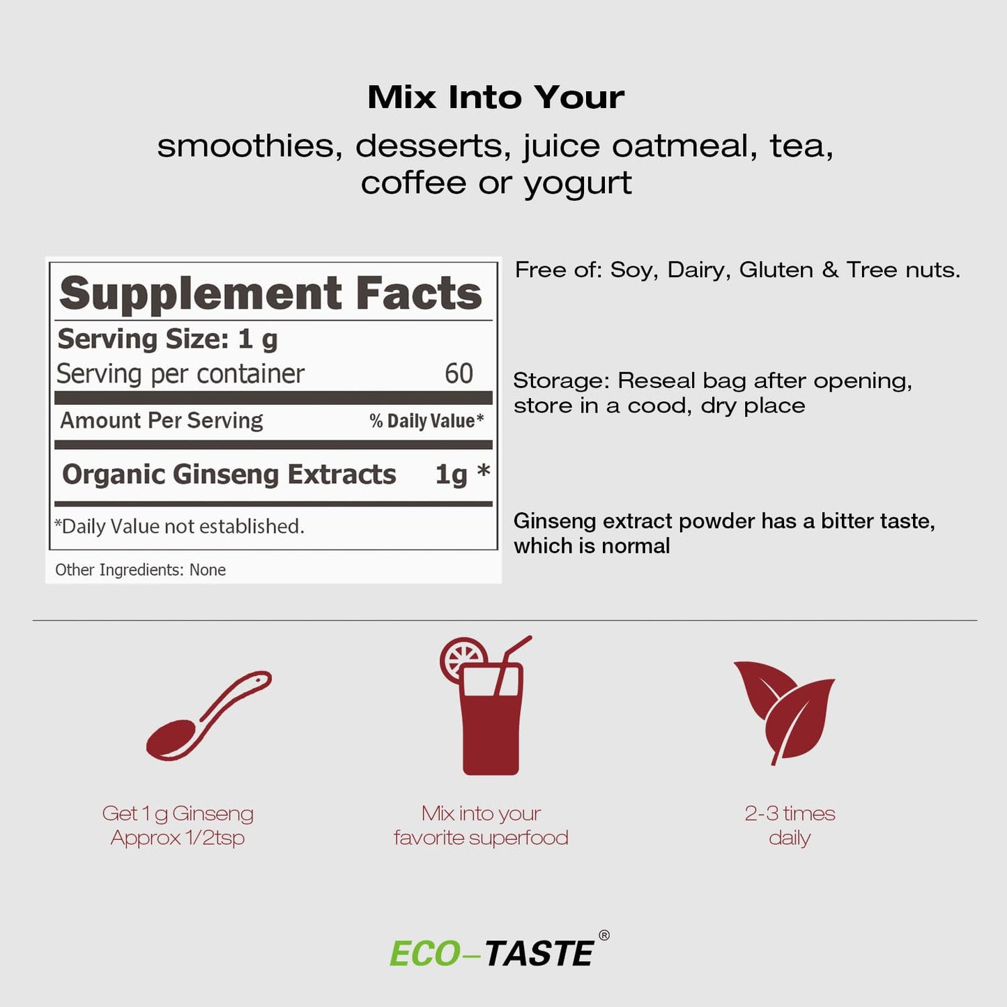 ECO-TASTE Ginseng Root Extract Powder-Korean Panax for Smoothies, Coffee or Drinks, 10% Ginsenosides, 60g (60 Servings)