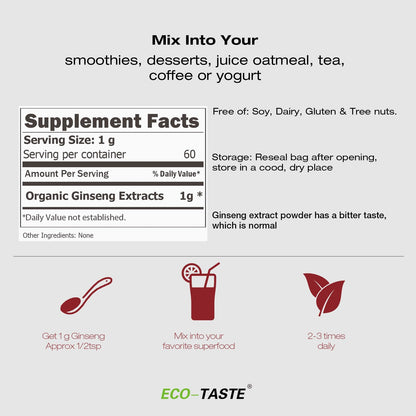 ECO-TASTE Ginseng Root Extract Powder-Korean Panax for Smoothies, Coffee or Drinks, 10% Ginsenosides, 60g (60 Servings)