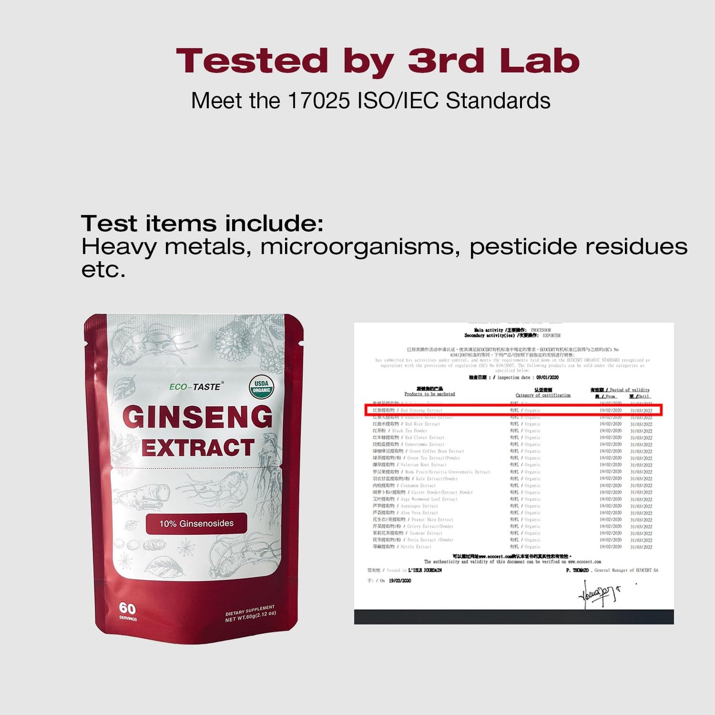 ECO-TASTE Ginseng Root Extract Powder-Korean Panax for Smoothies, Coffee or Drinks, 10% Ginsenosides, 60g (60 Servings)