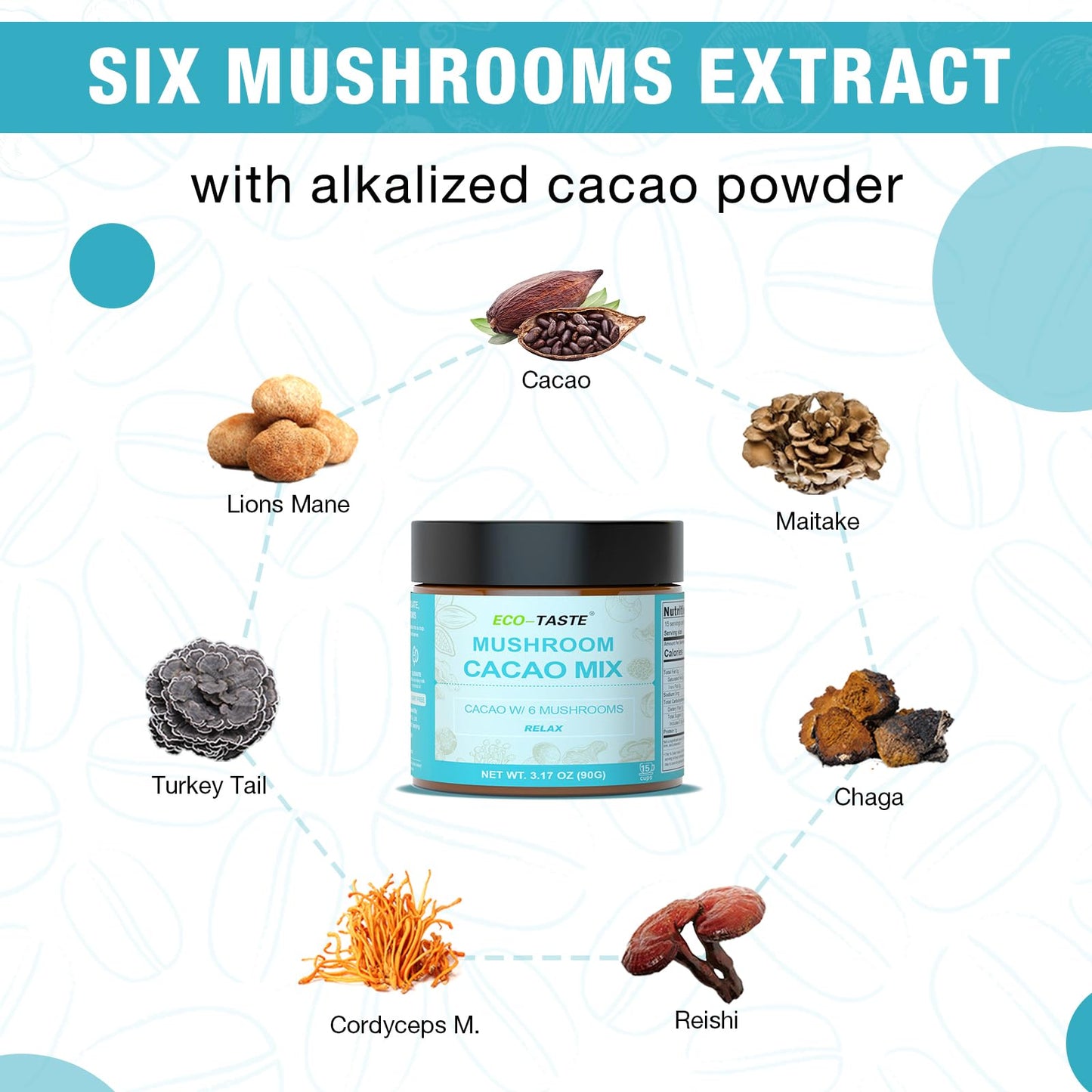ECO-TASTE Mushroom Cacao Mix – 1000mg Mushroom Extract, Vegan & Gluten-Free Coffee Alternative