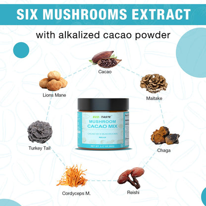 ECO-TASTE Mushroom Cacao Mix – 1000mg Mushroom Extract, Vegan & Gluten-Free Coffee Alternative