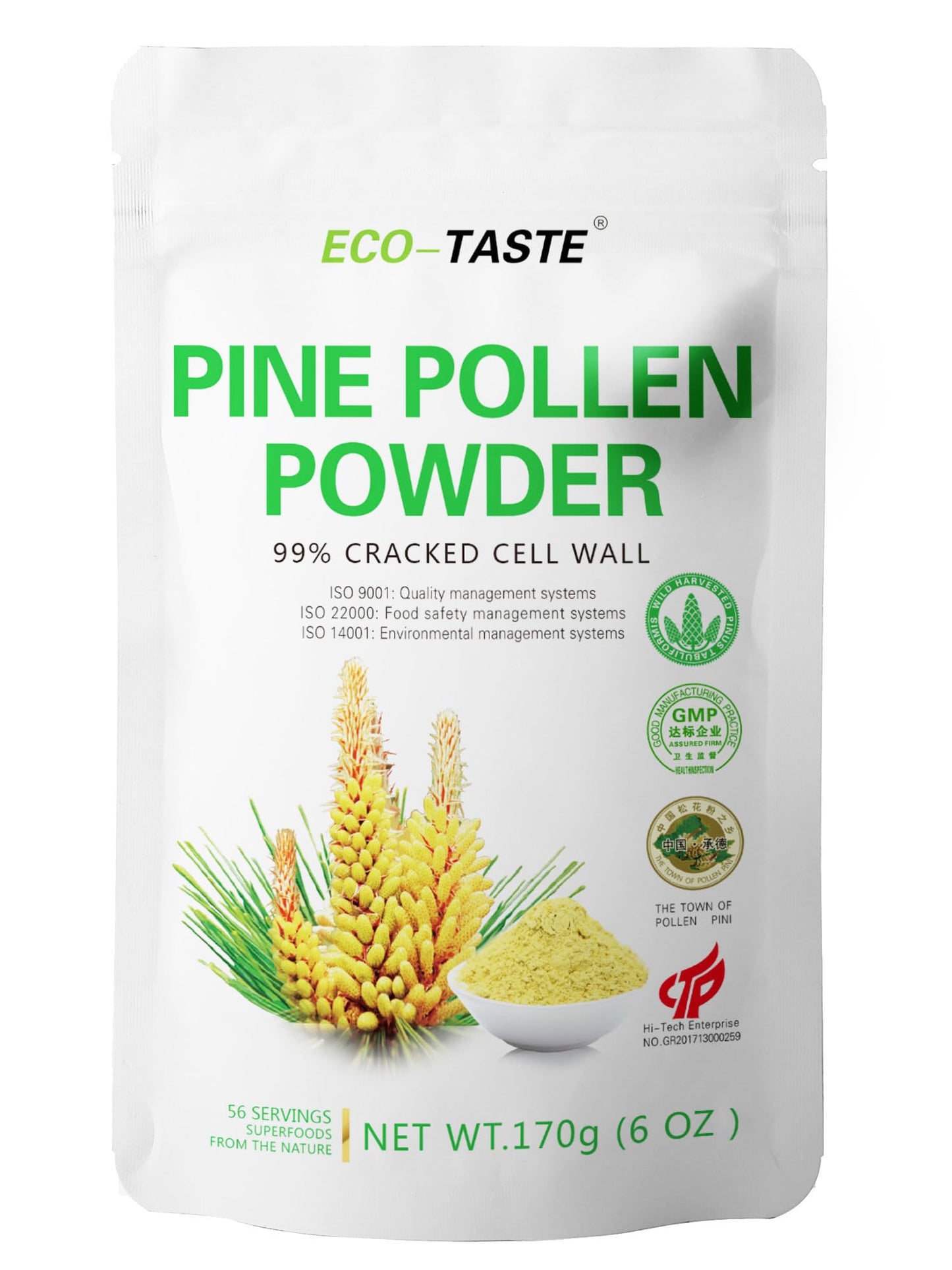 ECO-TASTE Pine Pollen Powder 6 oz | Wild Harvested Pinus Tabuliformis, 99% Cracked Cell Wall