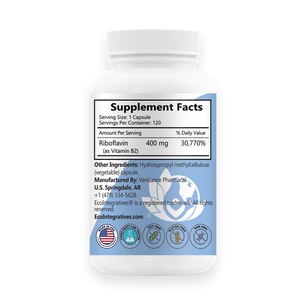 EcoIntegratives B2-400 Pure Riboflavin – Energy, Mental Clarity, Cellular Health | 120 Vegan Capsules