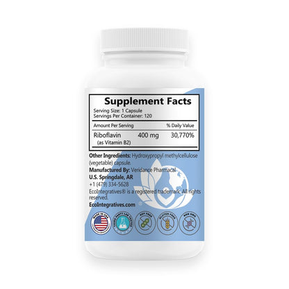EcoIntegratives B2-400 Pure Riboflavin – Energy, Mental Clarity, Cellular Health | 120 Vegan Capsules