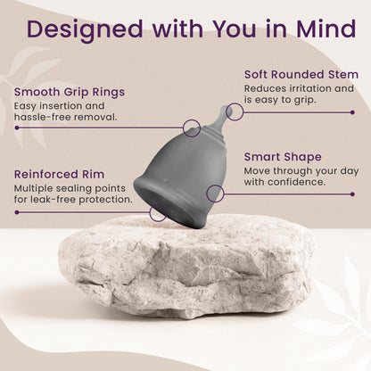 EcoBlossom Reusable Menstrual Cup & Case – Medical-Grade Silicone, 12-Hour Leak-Proof (Large Pack of 2, Gray)