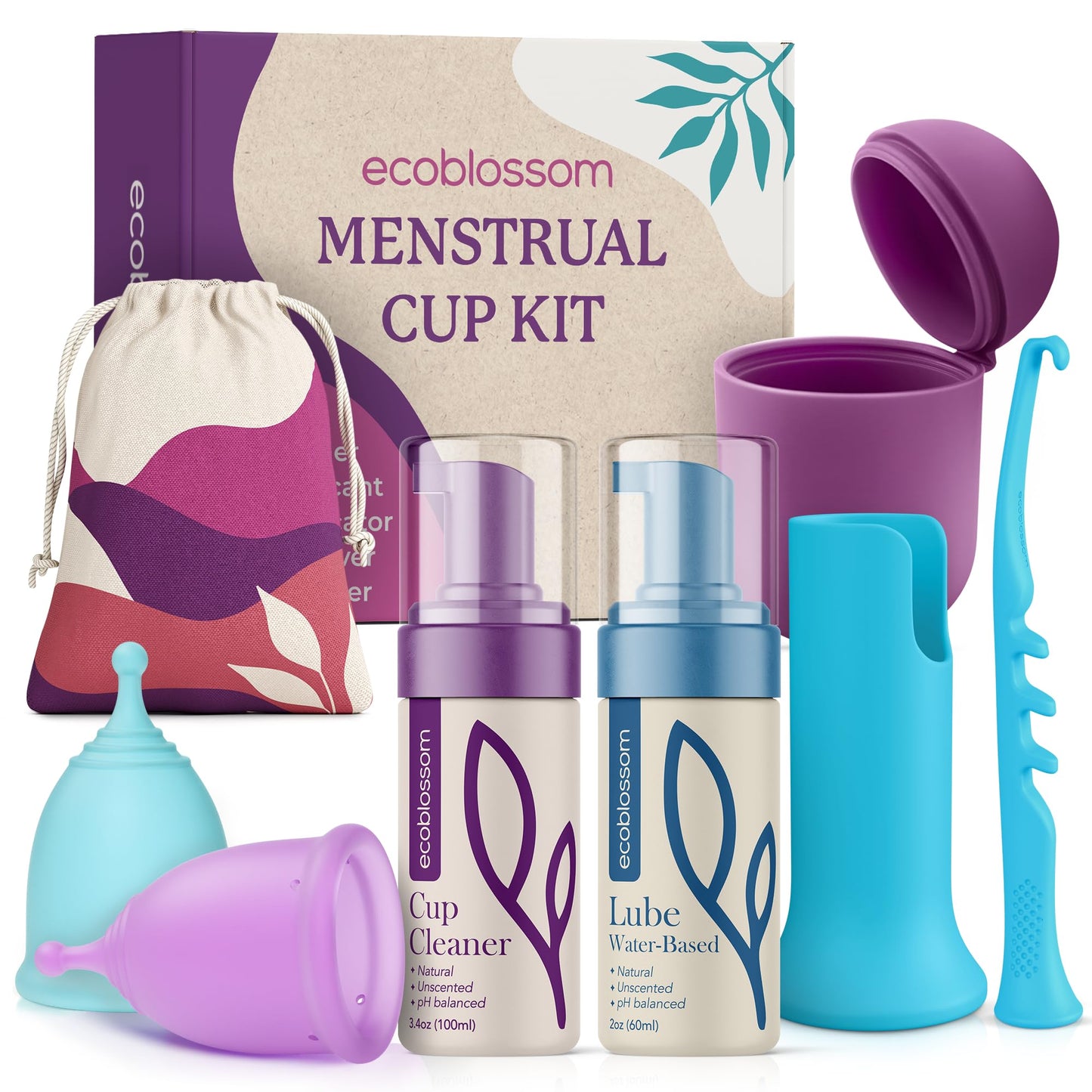EcoBlossom Complete Menstrual Cup Kit – All-In-One Reusable Cups, Lube, Cleaner, Holder & Applicator