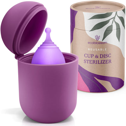 EcoBlossom Menstrual Cup Case and Sterilizer - Reusable Silicone Holder, Portable Microwave Steamer (Purple)