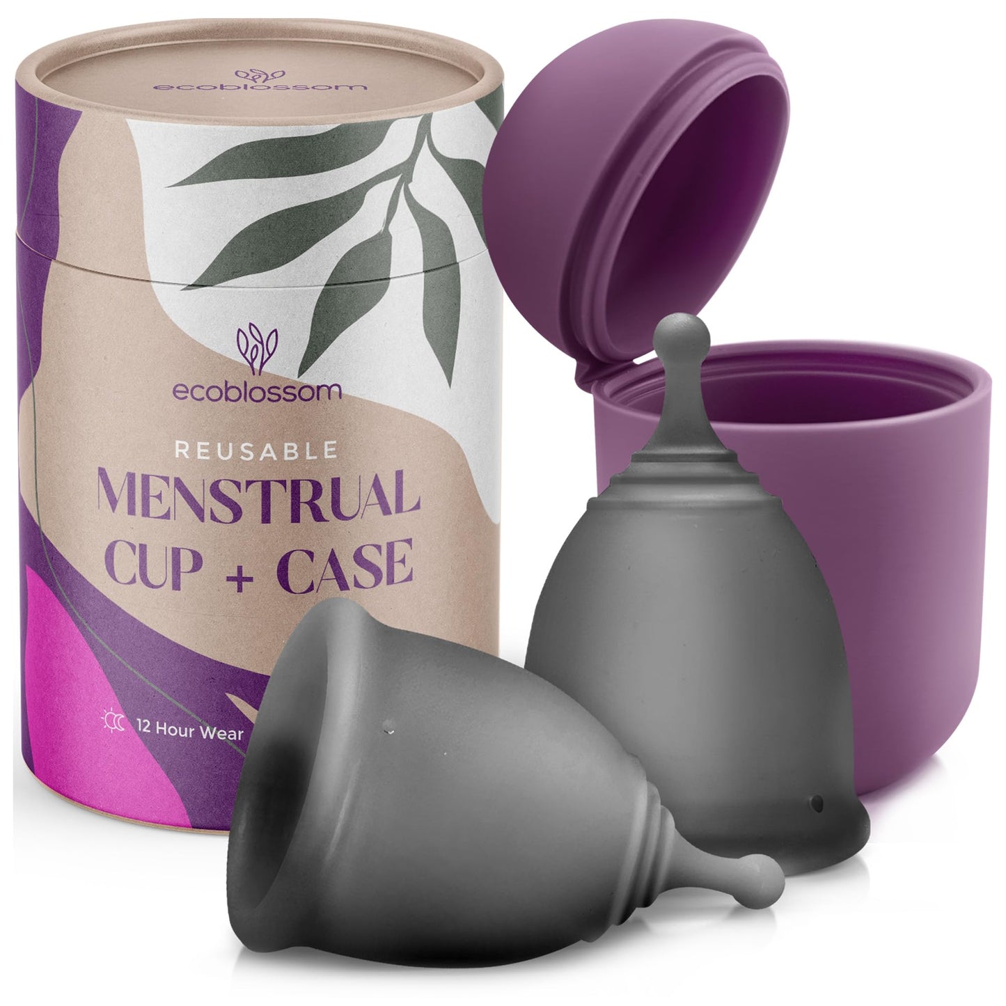 EcoBlossom Reusable Menstrual Cup & Case — Medical-Grade Silicone, 12-Hour Leak-Proof, Pack of 2 (Small & Large, Gray)