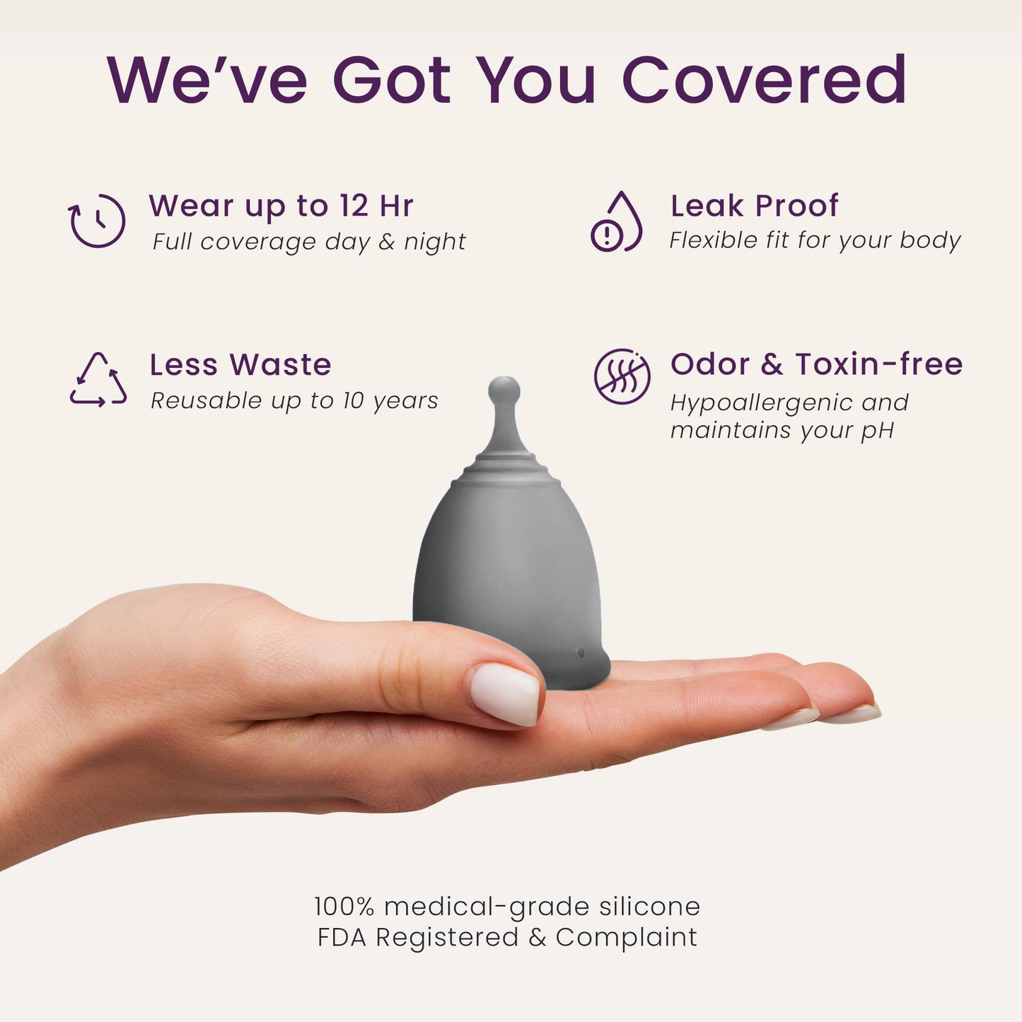 EcoBlossom Reusable Menstrual Cup & Case — Medical-Grade Silicone, 12-Hour Leak-Proof, Pack of 2 (Small & Large, Gray)