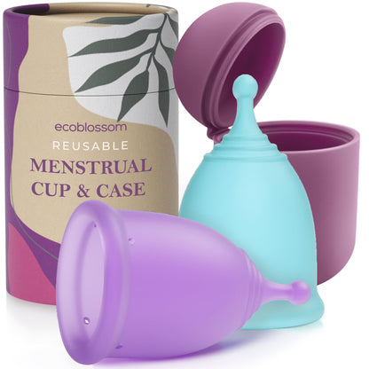 EcoBlossom Reusable Menstrual Cup and Case - Medical Grade Silicone, 12 Hour Leak-Proof Wear (Large Pack of 2)
